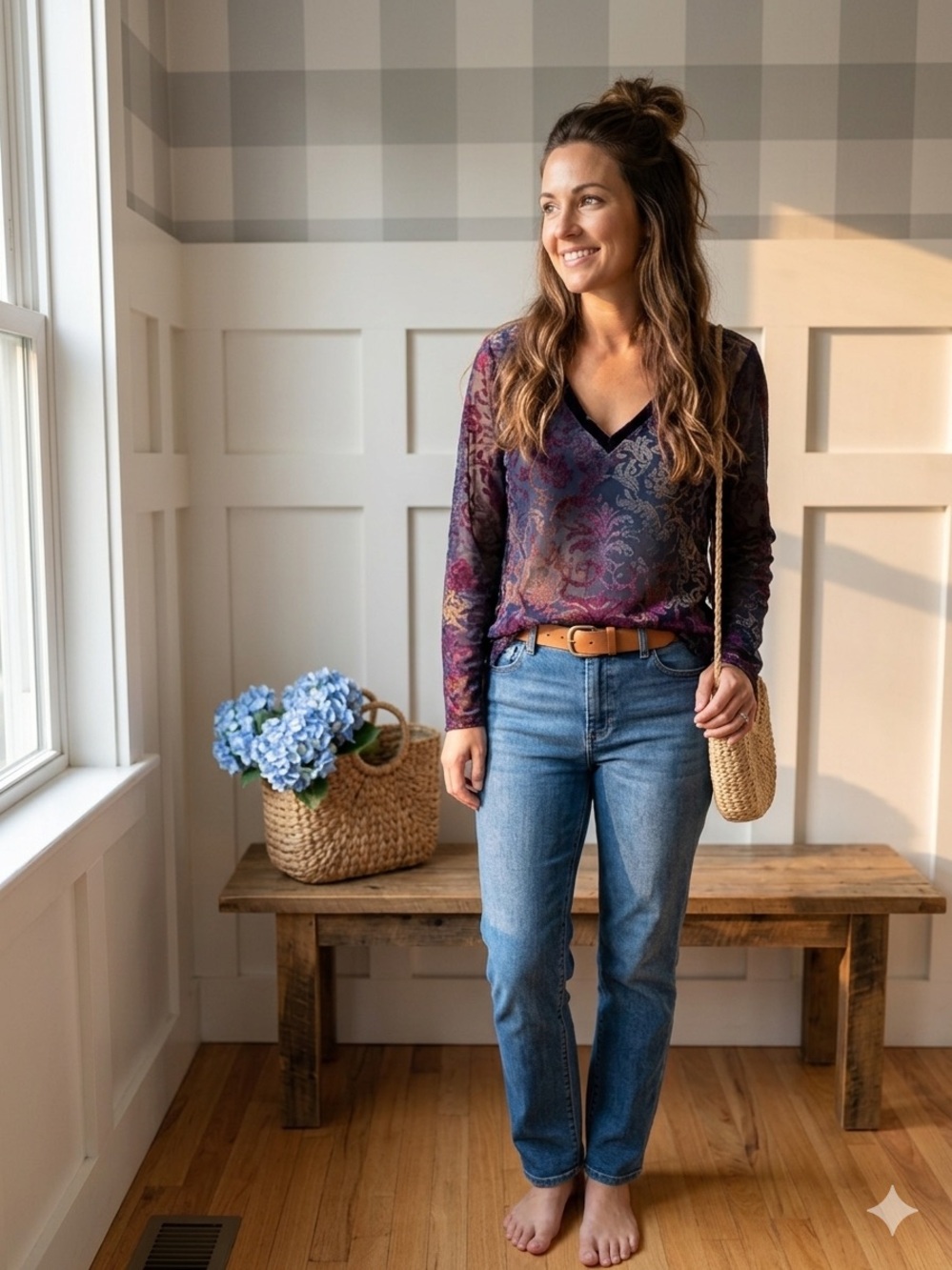 Long-Sleeve V-Neck Paisley Blouse in Plum Medium